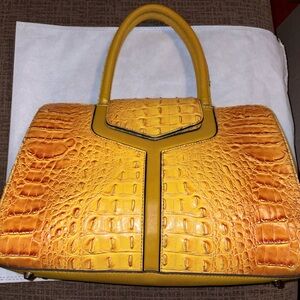 Croc Embossed Mustard Satchel Statement Bag Structured Faux Leather Bold Purse